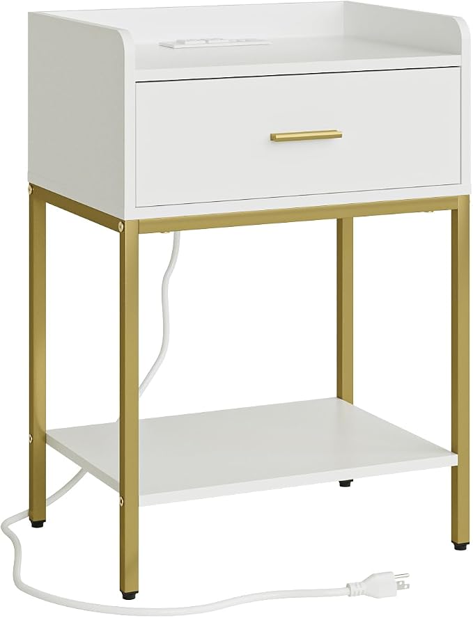Masupu Nightstand with Charging Station, 3-Tier Modern Bedside Night Stand with Storage Drawer and Shelf, Large End Side Table for Bedroom, Living Room,White