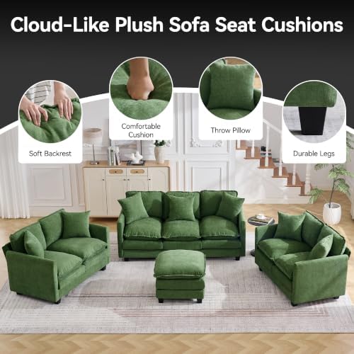 Cloud 3 Pieces Sofa Set, 2+3 Seater Couch+1 Ottoman, Modern Sofas Sets with Deep Seat, Modular Sectional Couches Sets for Living Room, Bedroom, Small Apartment, Dark Green