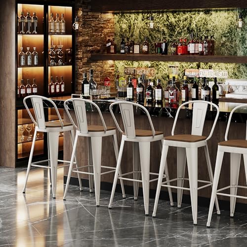 Metal Bar Stools Set of 4,24" Counter Height with Backs,Off White