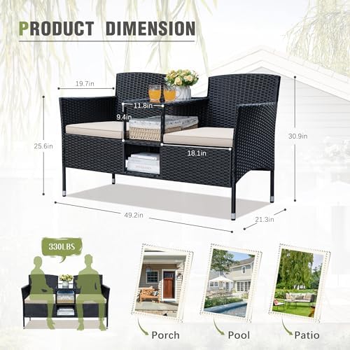 Greesum Patio Loveseat Outdoor Wicker Furniture Conversation Set,Beige