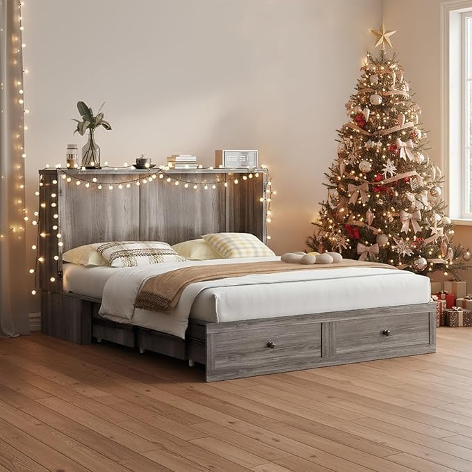 PUREMIND Queen Murphy Bed with Mattress Included, Murphy Bed Cabinet with Storage Drawer, Charging Station, Headboard, Space Saving Wall Beds for Guest Room