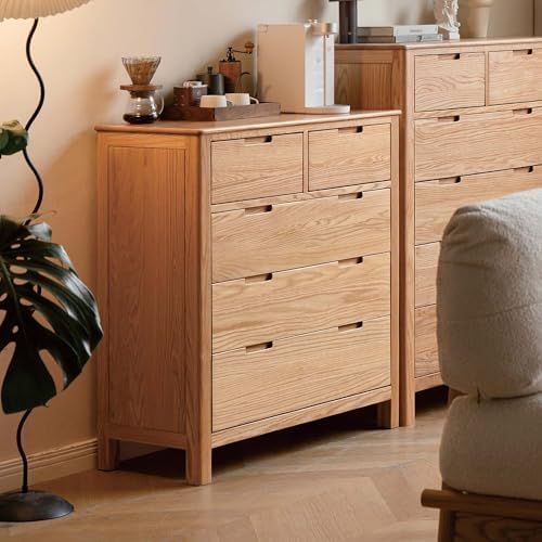 Solid Oak Nightstand, 5 Drawer Bedside Table for Bedroom, Solid Wood Storage Organizer, Modern Side Table for Living Room, Hallway, Closet (Natural, 38" H)