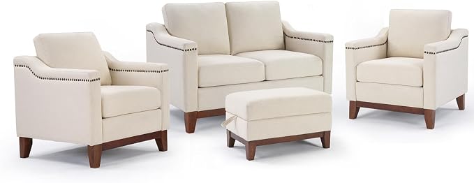 HAOMARKETS 4 Piece Fabric Sofa Set with Nailhead Trim, Included Upholstered Accent Chair Set of 2 with Thicked Cushion, Loveseat and Storage Ottoman with Flip-Top Table for Living Room, Beige