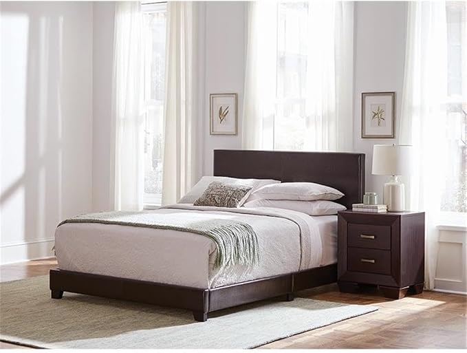 MAKLAINE 4-Piece Wood Twin Bedroom Set, Brown and Dark Cocoa Finish, Faux Leather Upholstered Bed, Includes Dresser, Nightstand, Mirror, Rubberwood Construction, Mid-Century Modern Style for Bedroom