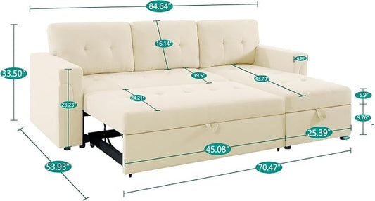 Naomi Home 84" L-Shaped Sectional Sleeper Sofa with Pull Out Bed | Sleeps Guests Comfortably, Stores Essentials in Chaise & Saves Space, Velvet, Cream Convertible Sofa Bed