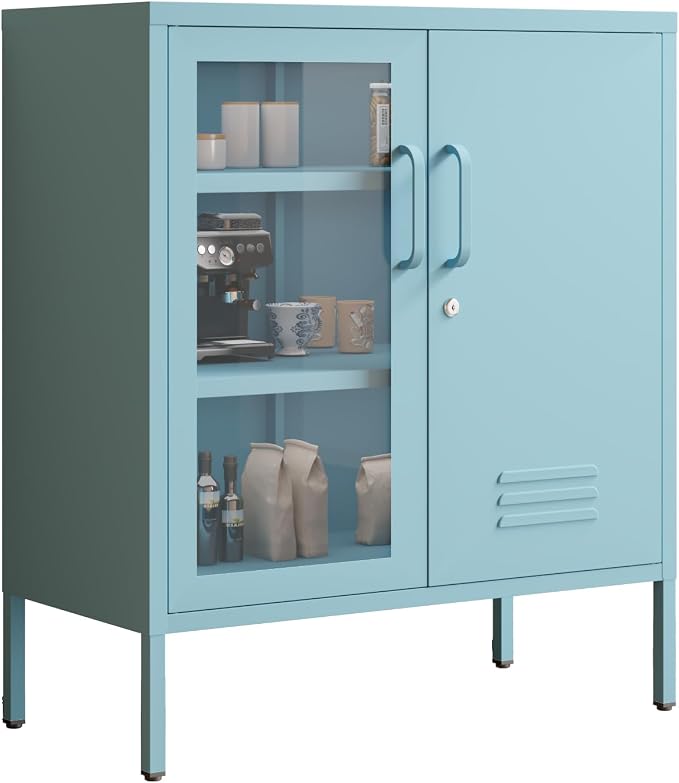 Locking Steel Storage Cabinet Shoe Cabinet for Living Room Bathroom Kitchen Left Glass Door Right Iron Door Blue Size:33" H x 29.5" W x 13.8" D