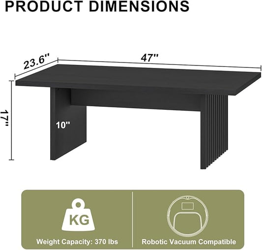 BON AUGURE Coffee Tables for Living Room, 47 Inch Modern Living Room Table, Rectangular Coffee Table with Spacious Tabletop, Slatted Panel Center Tables Centerpiece, Black Oak