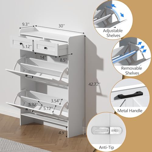 Thacuok White Shoe Cabinet with 2 Flip Drawers & 2 Storage Drawers, Rustic Farmhouse Narrow Shoe Organizer Cabinet, Slim Shoe Rack Cabinet, Shoe Storage Cabinet for Entryway, Hallway, Front Door