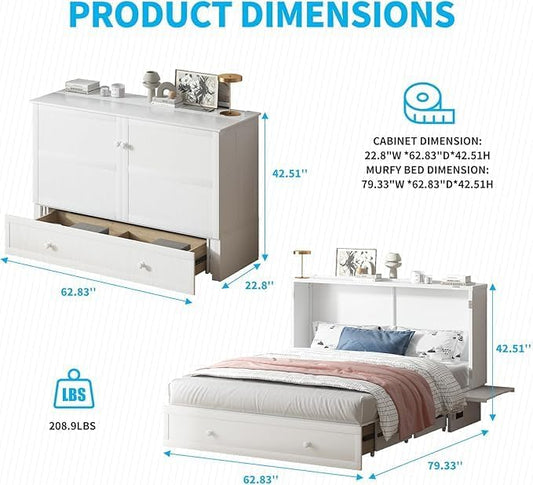 PUREMIND Queen Murphy Bed with Mattress Included, Murphy Cabinet Bed with Storage Drawer, Built-in Charging Station, Solid Wood Frame, Space-Saving Cabinet Beds for Small Spaces/Guest Room (White)