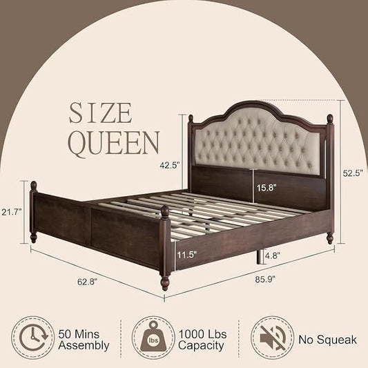 AMERLIFE Solid Wood Bed Frame Queen Size, Transitional Platform Bed with 52.5" Upholstered Tufted Headboard, Rubberwood/Roman Column Accents/Wood Slat Support/No Box Spring Needed