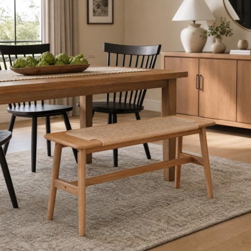 31.5'' Woven Dining Beach with 100% Solid Oak Wood Bench Frame, Hand Knitted Rope Designed Bed End Shoe Bench for Kitchen Bedroom Entryway, Beige