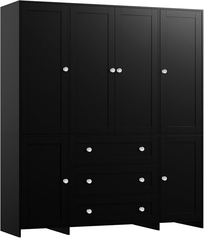 VOWNER Armoire Wardrobe Closet with Drawers and Mirror, 71" Clothing Storage Cabinet with Hanging Rod, 6 Doors Wooden Wardrobe Cabinet for Bedroom, Large Capacity Storage