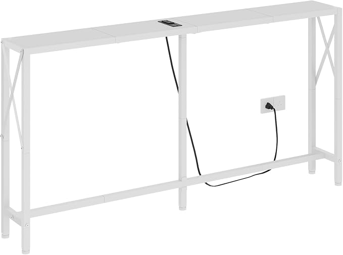 Gewudraw Console Table with Oulets and USB Ports, 55.1" Sofa Table Behind Couch, Industrial Long Skinny Stand for Hallway, Living Room, Bedroom, 6.5 Feet Power Cord, White