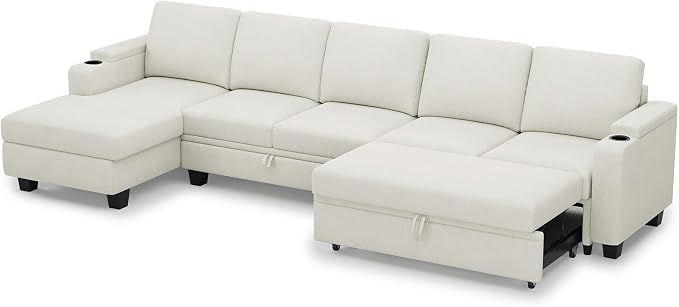 Belffin Modular Sectional Sleeper Sofa Bed with Storage Chaise L Shaped Sectional Couches for Living Room Armrest with Cup Holder. White Couch