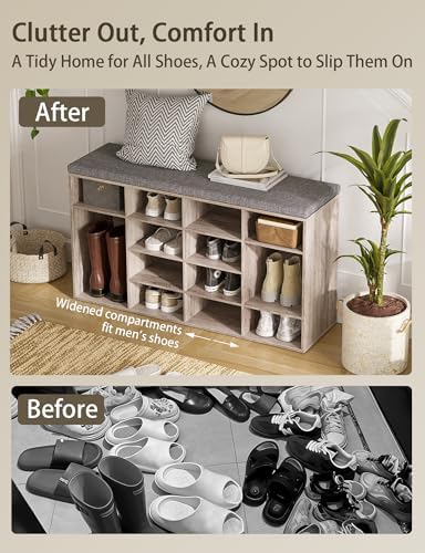 Shoe Storage Bench with Cushion, 16-Cubby Shoe Rack with Seat