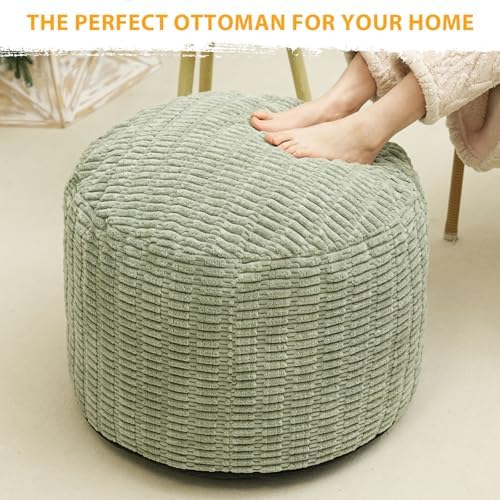 Round Stuffed Pouf Ottoman for Foot Rest 26" X 18" Faux Fur Poufs, Green