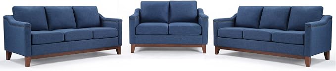 HAOMARKETS Modern 3 Piece Sofa Set with Rivets, Included Fabric Loveseat 2-Seater Sofa, and Upholstered 3-Seater Couches Set of 2 with Solid Wood Legs, Living Room Furniture Set,Blue