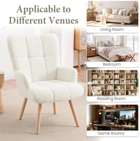 Joysoul Modern Accent Chair, High Back Arm Chair with Wood Legs Sofa Seat Teddy Fleece Fabric Reading Chair for Living Room Bedroom Waiting Room (White)