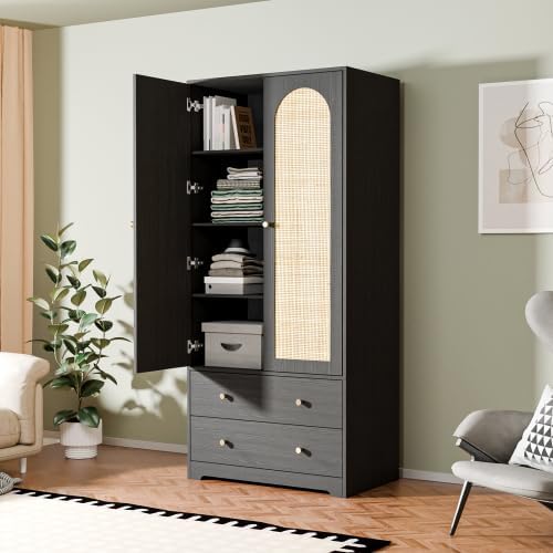 VINGLI Wardrobe Closet with Doors and Drawers, Rattan Armoire Closet with Hanging Rod, Rattan Armoire with Shelves and Doors, Wooden Wardrobe for Hanging Clothes, Black