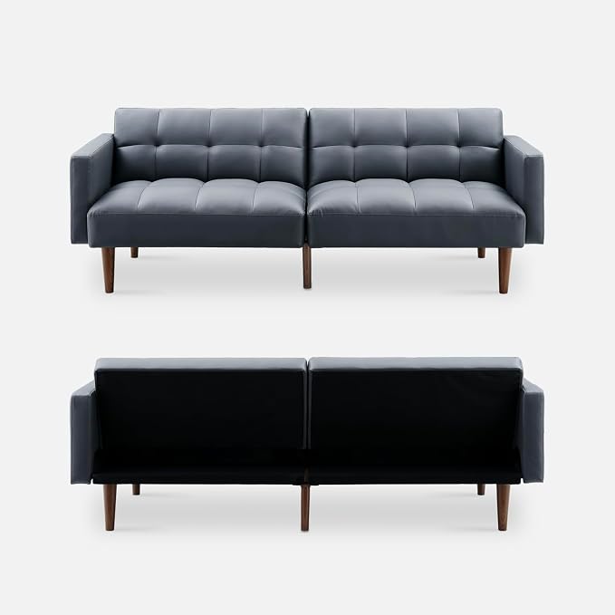 mopio Aaron 76.8" Couch, Small Futon Sofa Bed, Sleeper, Loveseat, Mid Century Modern Futon Couch, Sofa Cama, Couches for Living Room, Bedroom (Cloud Gray, Faux Leather)