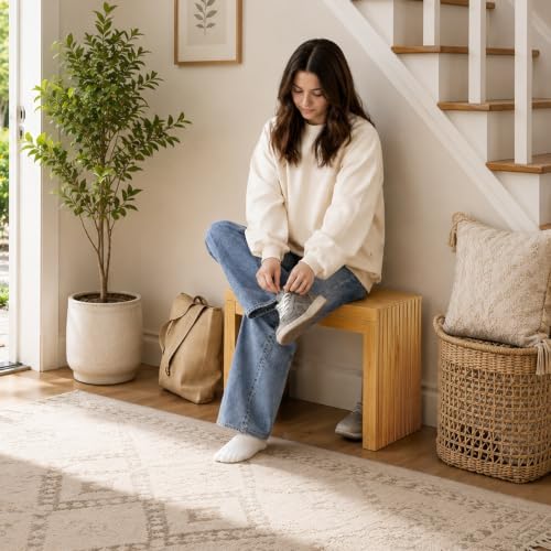 Bamboo Dining Bench, 18'' Slatted Design Entryway Bench, Natural