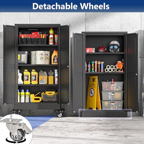 Ckzbx Metal Garage Storage Cabinet with Locking Doors and Adjustable Shelves, 45.6" H Rolling Tool Storage with Wheels for Garage,Office (Black)