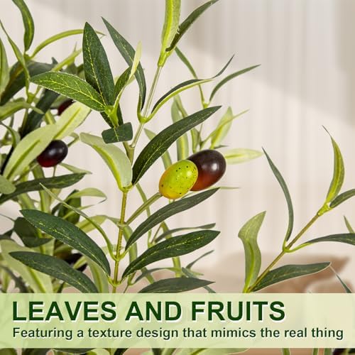 VIVATREES Olive Trees Artificial Indoor, 5FT Tall Faux Olive Tree with White Tall Planter, Artificial Plants with Natural Wood Trunk and Lifelike Fruits for Home Office Decor