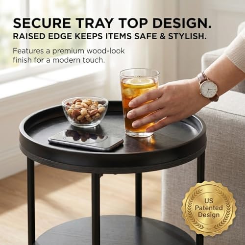 Dulcii Side Table, Round End Table with 3 Shelves for Living Room, Bedroom, Nightstand with Steel Frame for Small Spaces, Industrial Round Sofa Table, Outdoor Accent Coffee Table, Black