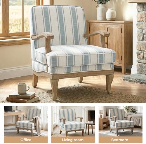 HULALA HOME Farmhouse Striped Accent Chairs Set of 2 with Wood Legs, Blue