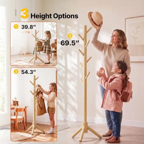 AMADA Solid Wooden Coat Rack Freestanding with 8 Hooks, Natural