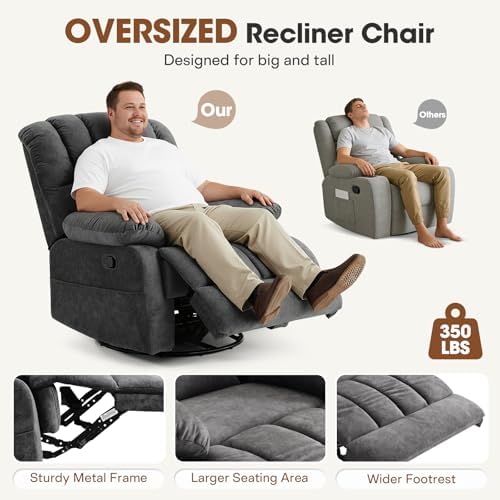 COOSLEEP Oversized Manual Swivel Rocker Recliner Chair, Extra Wide Glider Rocker Recliner for Big and Tall, Overstuffed Lazy Recliner Chair with High Back, Single Sofa Chair for Living Room(Dark Gray)