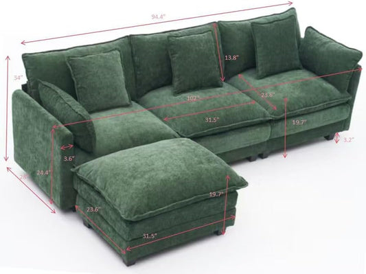Modern 102" L Shaped Sectional Sofa Cloud Couch, Comfy Chenille Modern Modular Sleeper Sofa, Upholstery Sofa with Ottoman & Memory Foam for Living Room, Green
