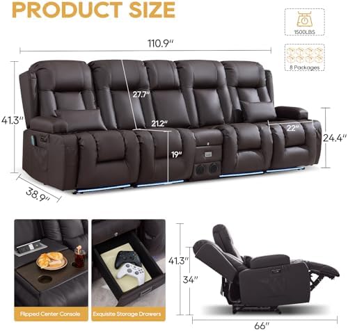 IPKIG Power Loveseat Recliner Sofa with Flip Back Console, 110.9" - 5 Seat