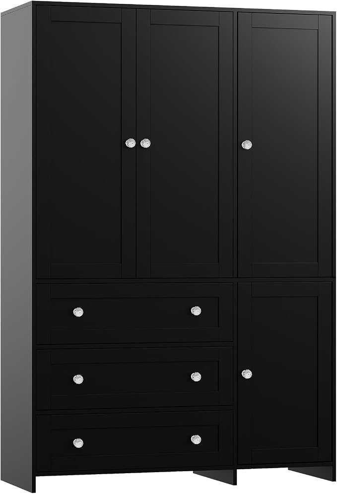 VOWNER Armoire Wardrobe Closet with Drawers and Mirror, 71" Clothing Storage Cabinet with Hanging Rod, 4 Doors Wooden Wardrobe Cabinet for Bedroom, Large Capacity Storage