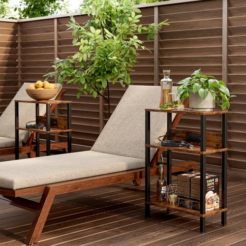 Narrow Nightstand with Charging Station,Rustic Brown Side Table with Outlet