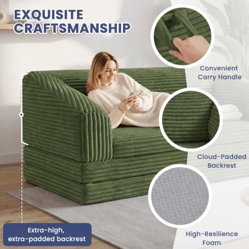 Convertible Sofa Bed, 2 in 1 Trifolding Boneless Couch Bed Green