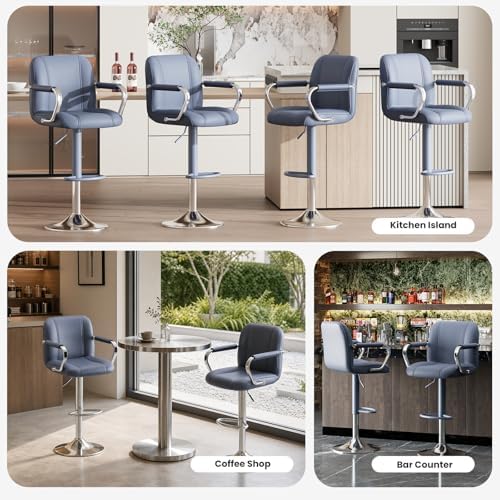 MALOL Set of 2 Blue Counter Height Stools with Backs – Adjustable Swivel Kitchen Island Seating, Modern Upholstered Chairs for Home Bar, Taburetes para Barra de Cocina
