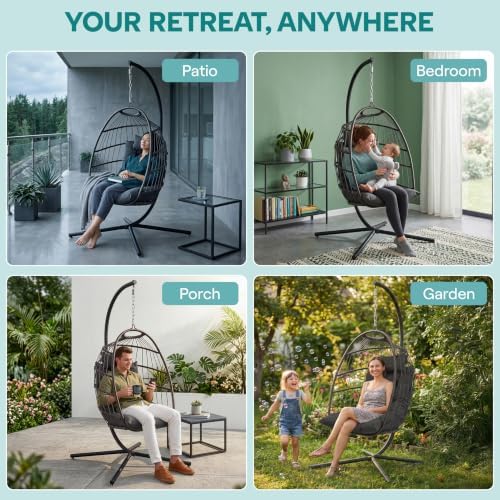 SereneLife Hanging Egg Chair with Stand | Foldable Rattan Wicker Hammock Chair for Patio, Balcony, and Bedroom Use with UV & Weather Resistant Cushion | 350 lb Capacity | Folds Flat Easy Storage