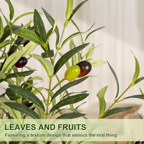 VIVATREES Olive Trees Artificial Indoor, 7FT Tall Faux Olive Tree with White Tall Planter, Artificial Plants with Natural Wood Trunk and Lifelike Fruits for Home Office Decor