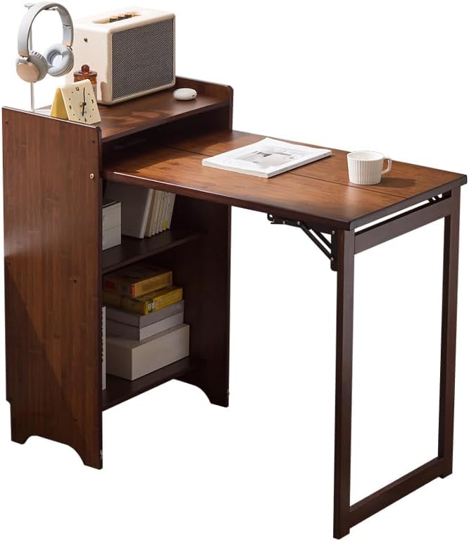 Bamboo Folding Desk with Storage Shelves, Space Saving Mid Century Modern Bookcase with Drop Down Table, Hide Away Desk for Home Bedroom Study Office