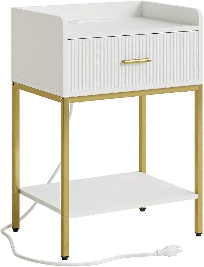 Nightstand with Charging Station, 3-Tier Bed Side Table, Small End Table, Night Stand with Open Shelf and Drawer, Bedside Table for Bedroom, Living Room, White