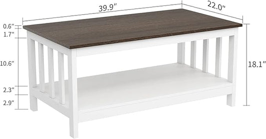 ChooChoo Farmhouse Coffee Table, White Living Room Table with Shelf, 40 Inch