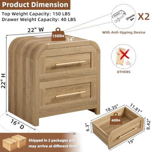 Oak Night Stand Set 2 with Charging Station, Natural Oak
