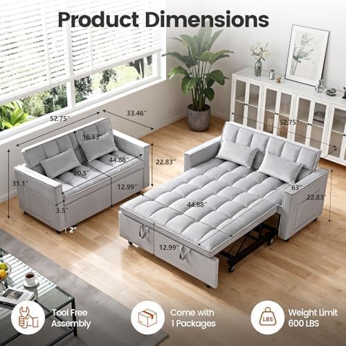 54'' Sleeper Sofa Bed, Convertible Pull Out Couch Futon with Side Pockets, Velvet Loveseat Sofa Bed with Adjustable Backrest, Armrest Pillows for Living Room Dorm Apartment, Light Gray