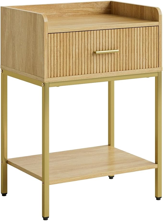 Nightstand, 3-Tier Bed Side Table, Small End Table, Night Stand with Open Shelf and Drawer, Bedside Table for Bedroom, Living Room, Oak