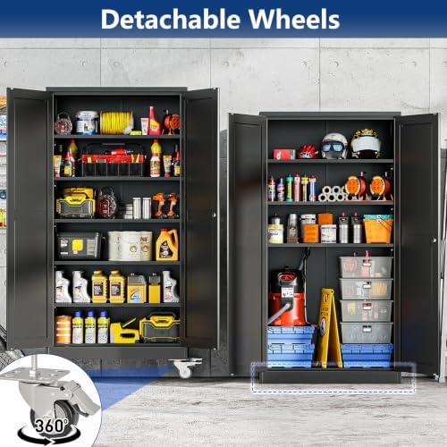 Ckzbx Metal Large Garage Storage Cabinet with Locking Doors and Adjustable Shelves,73.6" H Rolling Tool Storage with Wheels for Garage,Office (Black)