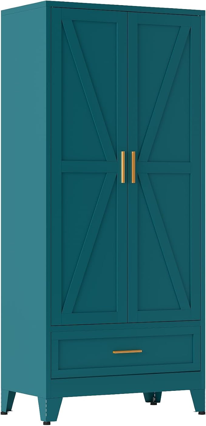 QINPTWUT 71" Tall Metal Wardrobe with Doors, Hanging Rod & Adjustable Shelf, Freestanding Steel Armoire for Bedroom Home Office, 1-Drawer Blue