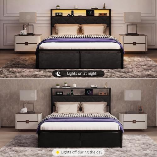 Queen Bed Frame with LED Lights, Charging Station & 2 Storage Drawers, Metal Platform with Upholstered Headboard, No Box Spring Needed, Easy Assembly