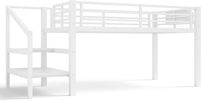 Bellemave Twin Size Loft Bed with 9 Non-Woven Fabric Storage Drawers, Low Loft Bed with Stairs and Lights, Twin Loft Beds with High Rails, Noise Reduced White