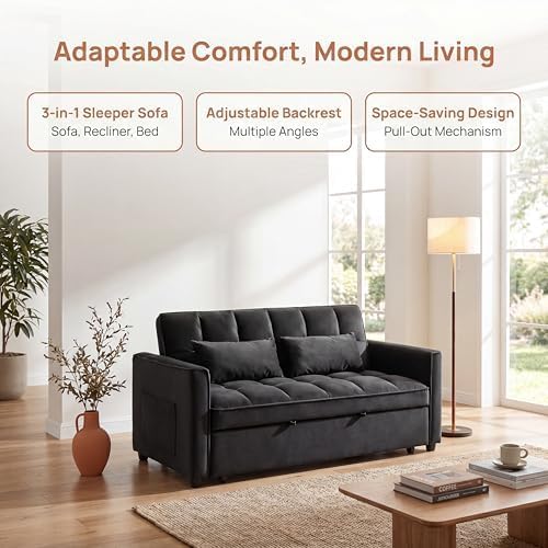3 in 1 Convertible Sofa Bed, Love Seat Sleeper Bed with Side Pockets, Velvet Fabric Pull Out Couch with Adjustable Backrest for Living Room, Bedroom, Apartment, Black